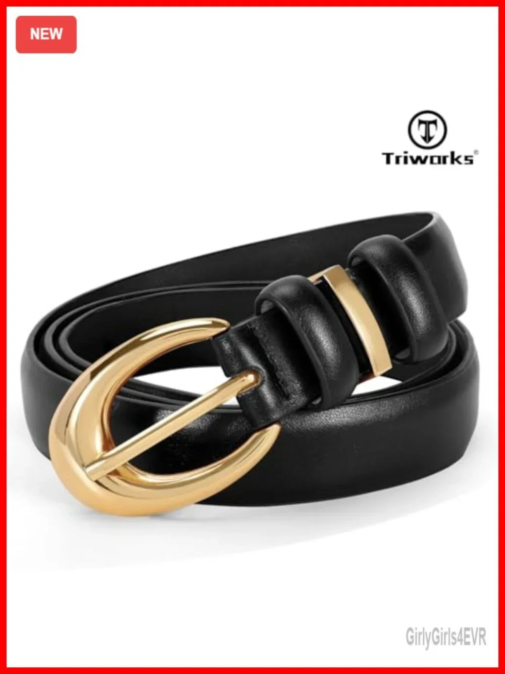 Women Faux Leather Skinny Belt with Gold Buckle